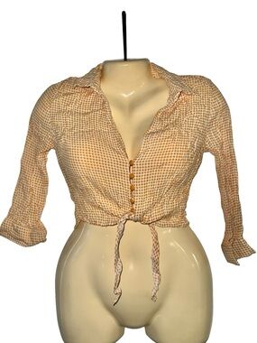 Forever 21 Yellow Gingham Cropped Tie-Front Button Down Shirt
